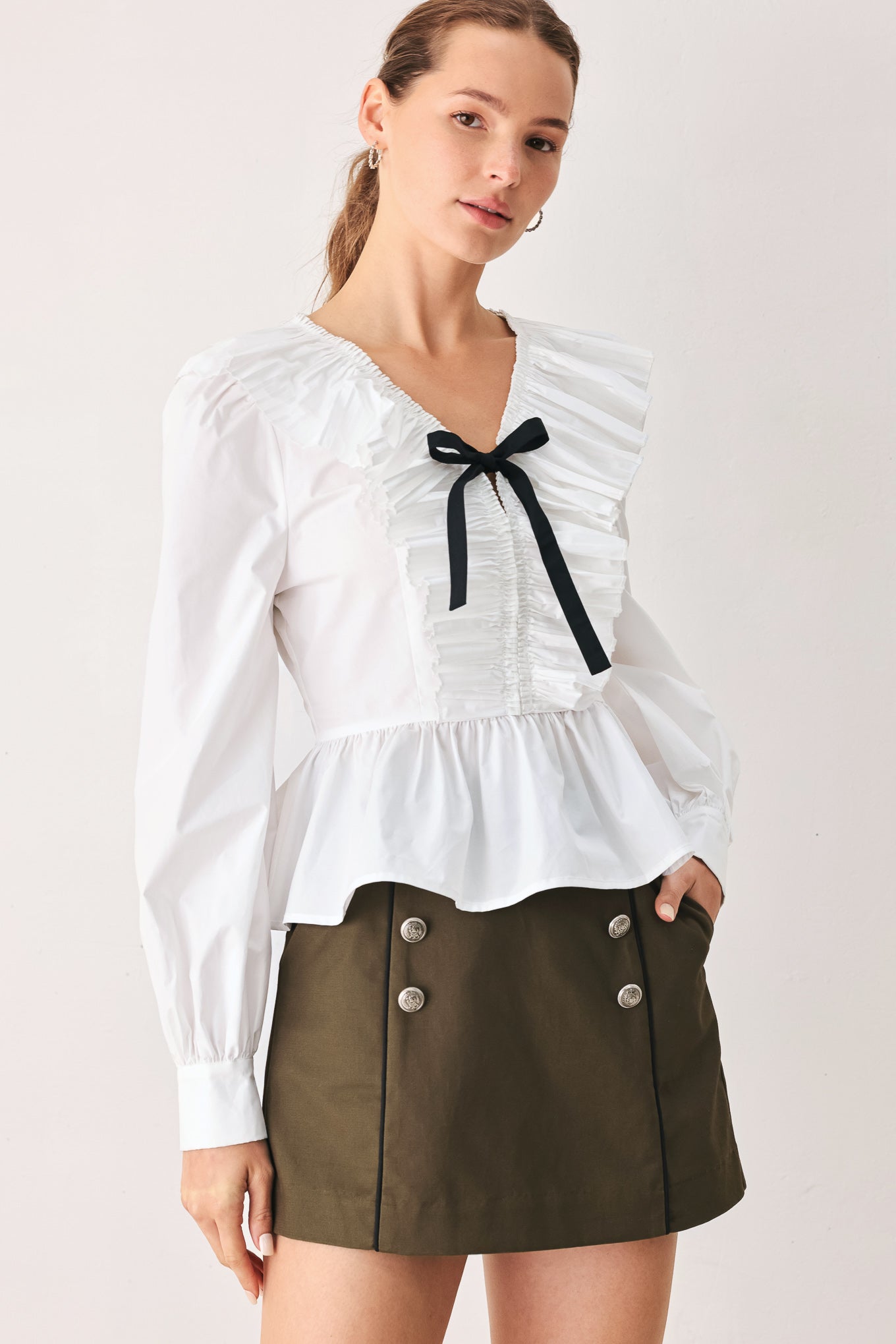 Amelie Pleated Ruffle V-Neck Top