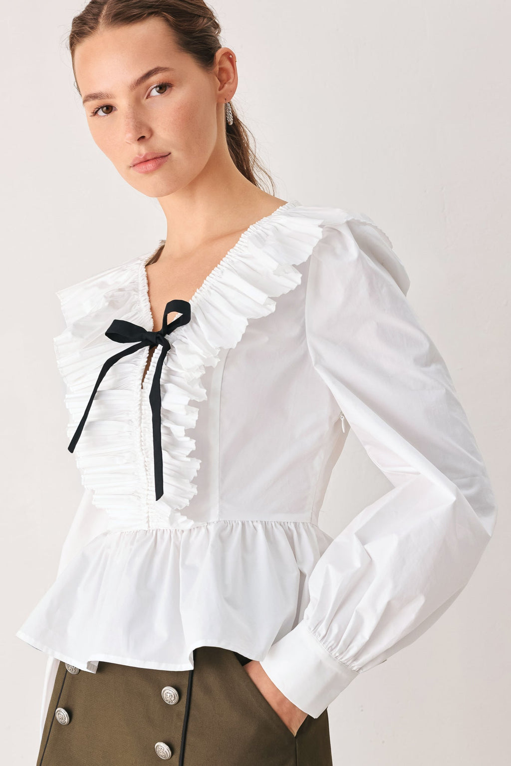 Amelie Pleated Ruffle V-Neck Top