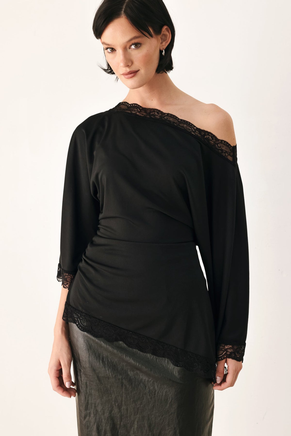 After Hours Lace Trim Asymmetrical Top