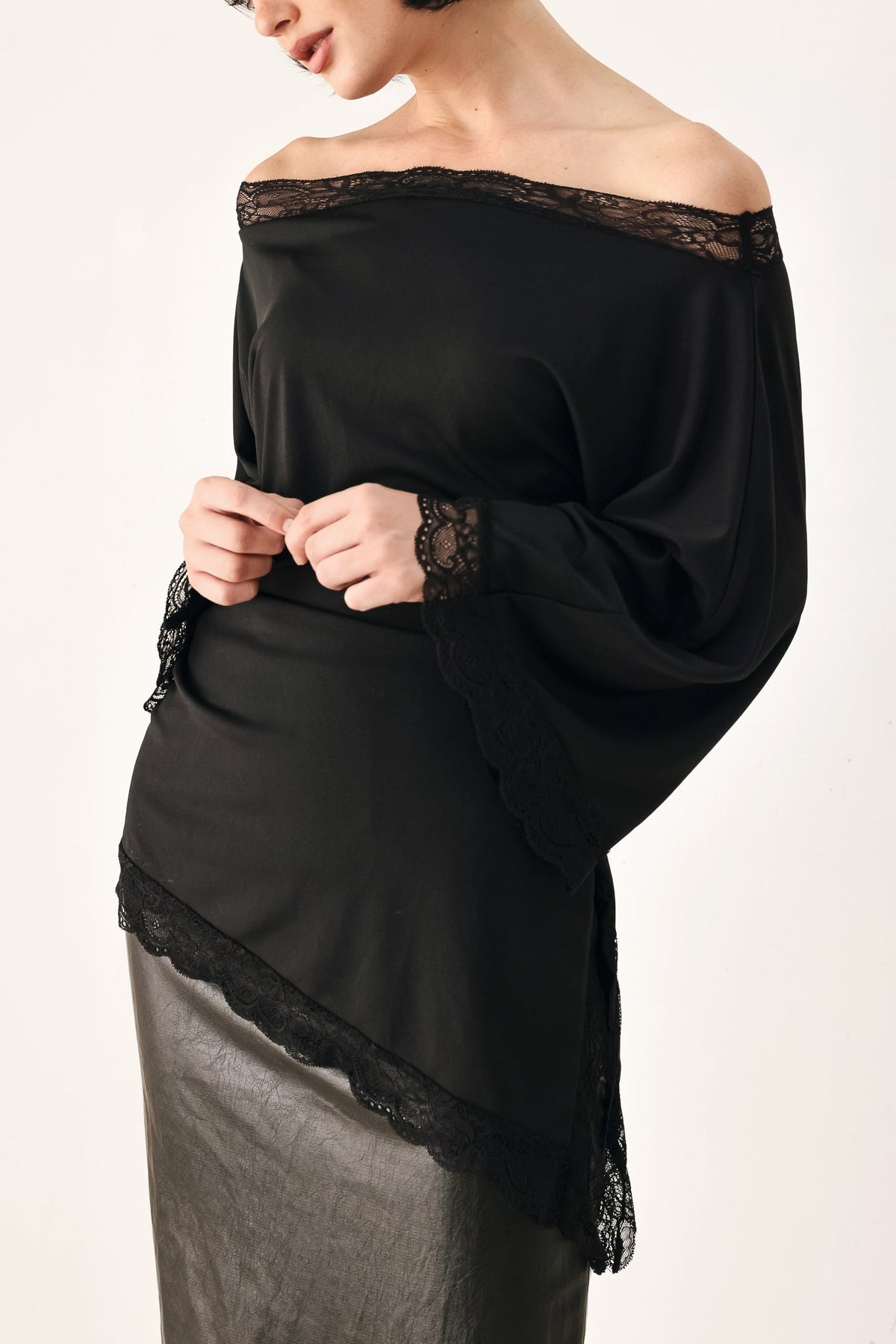 After Hours Lace Trim Asymmetrical Top