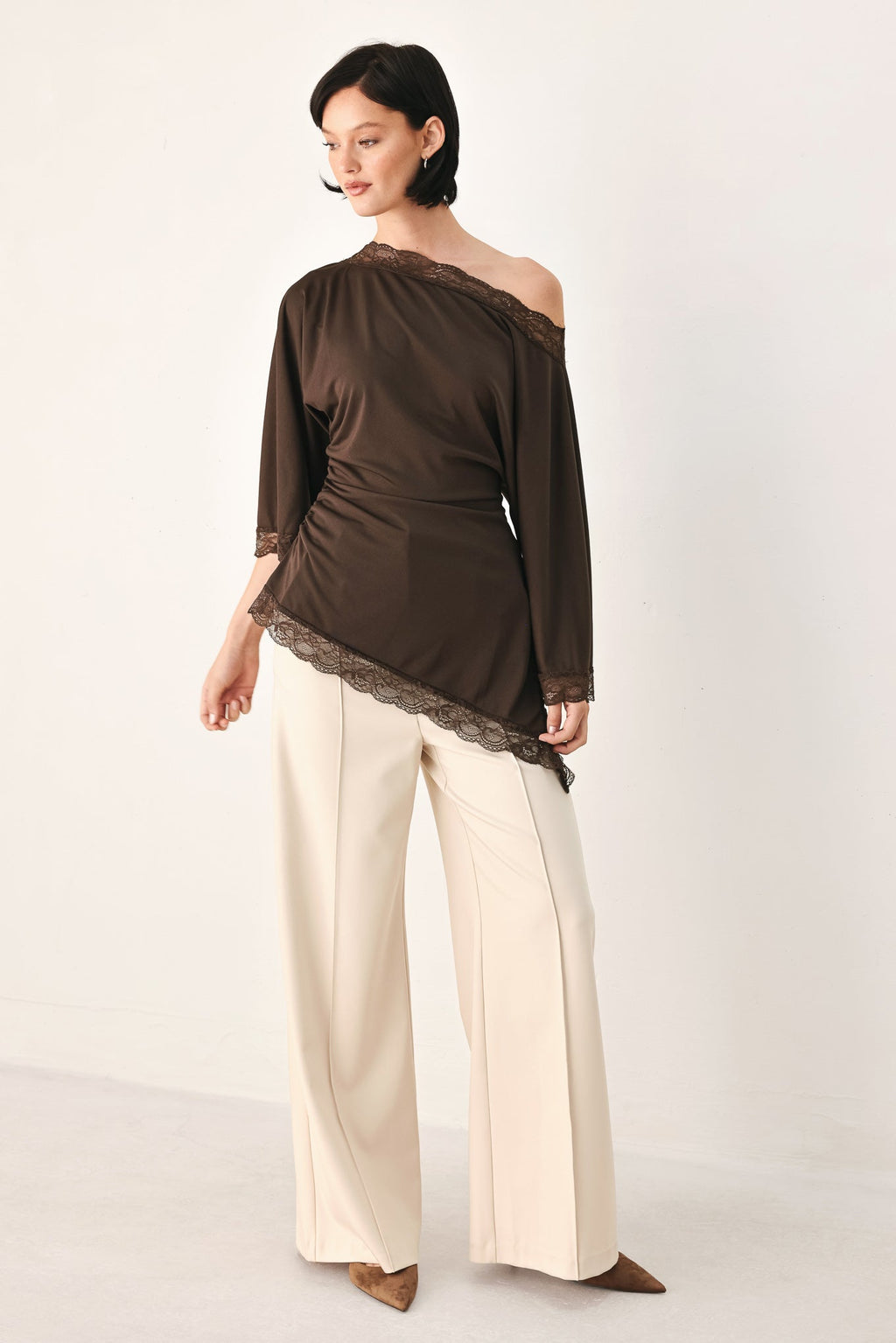 After Hours Lace Trim Asymmetrical Top
