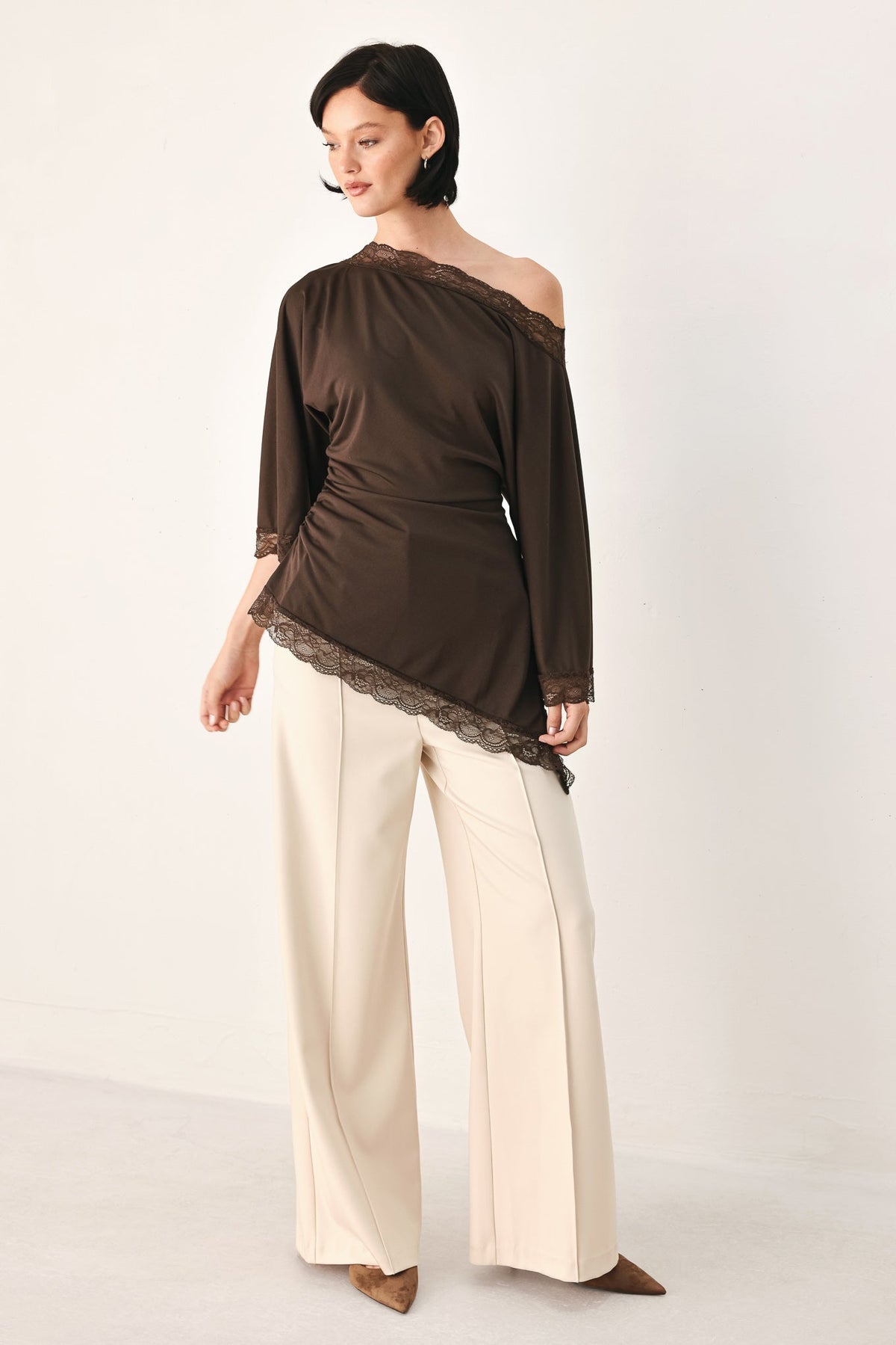 After Hours Lace Trim Asymmetrical Top