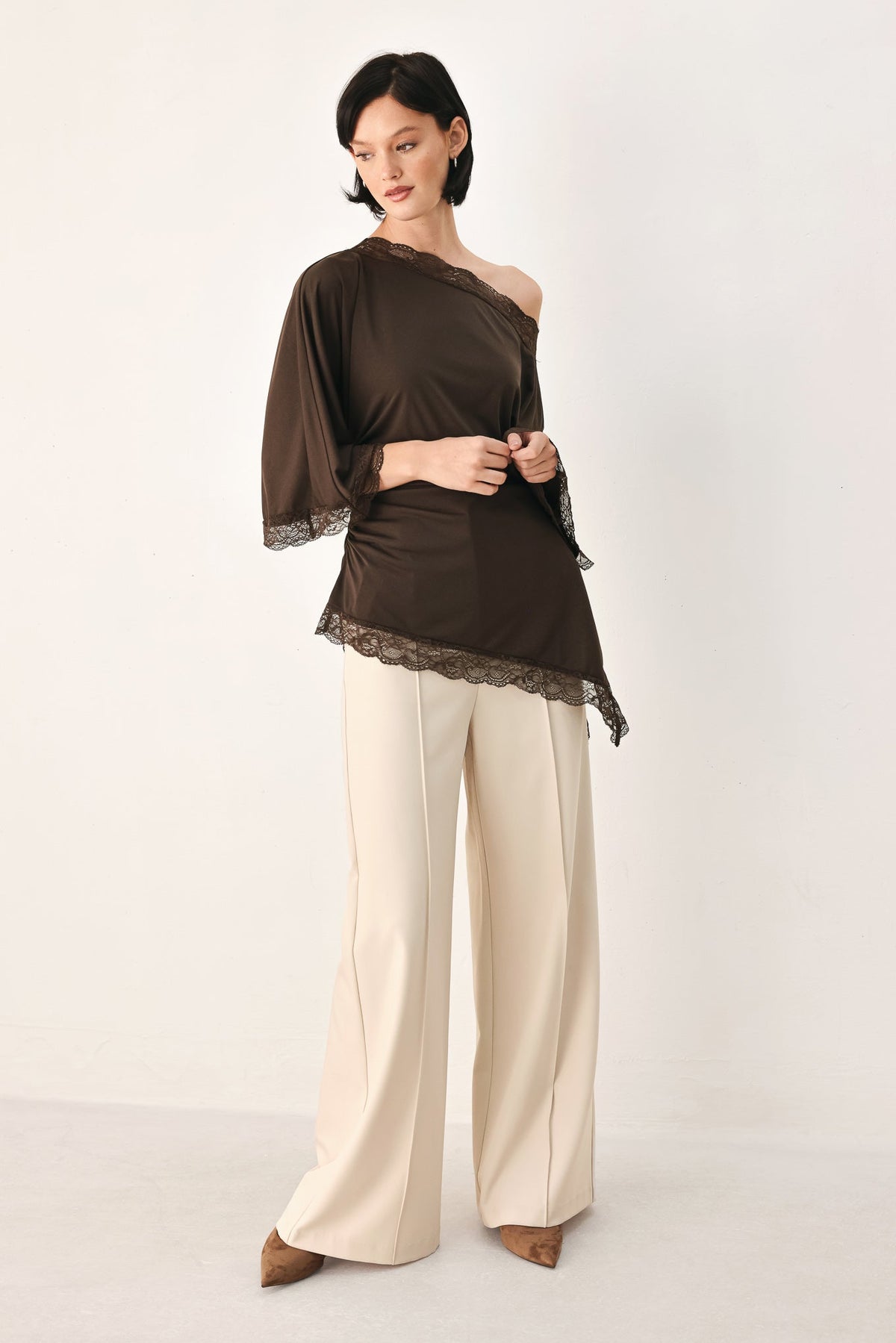After Hours Lace Trim Asymmetrical Top