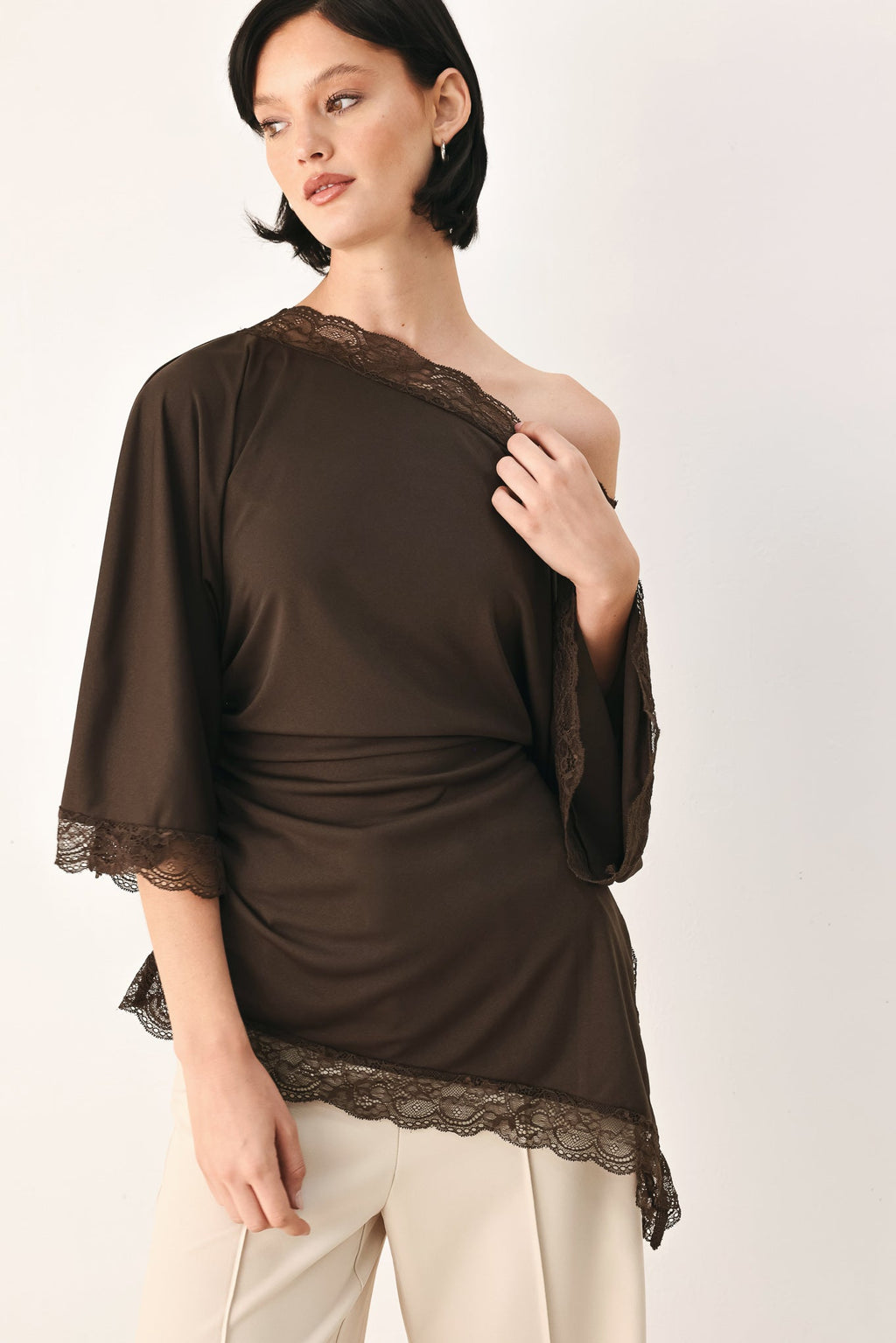 After Hours Lace Trim Asymmetrical Top