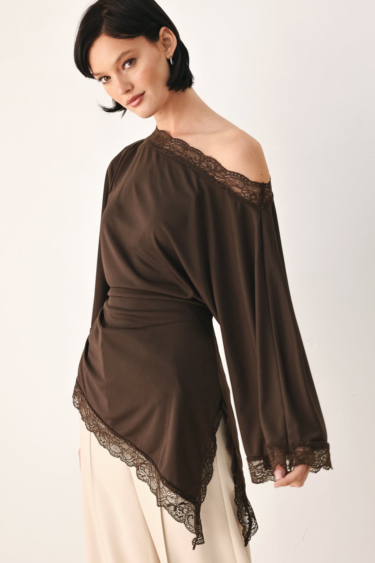 After Hours Lace Trim Asymmetrical Top