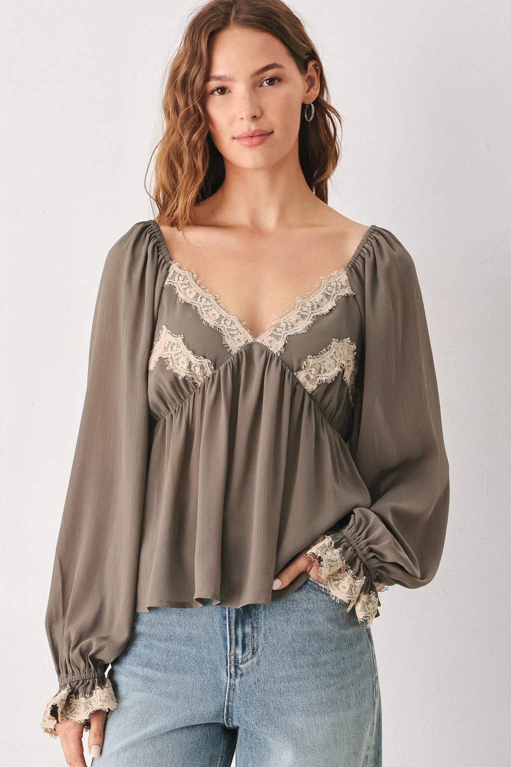 Greige Romantic Lace-Trim Top