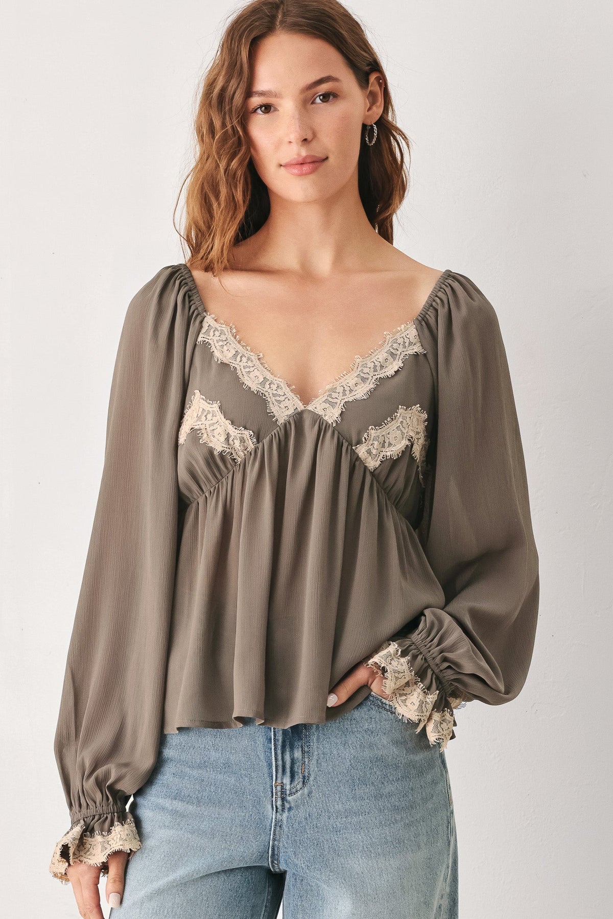 Greige Romantic Lace-Trim Top