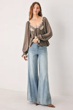 Greige Romantic Lace-Trim Top