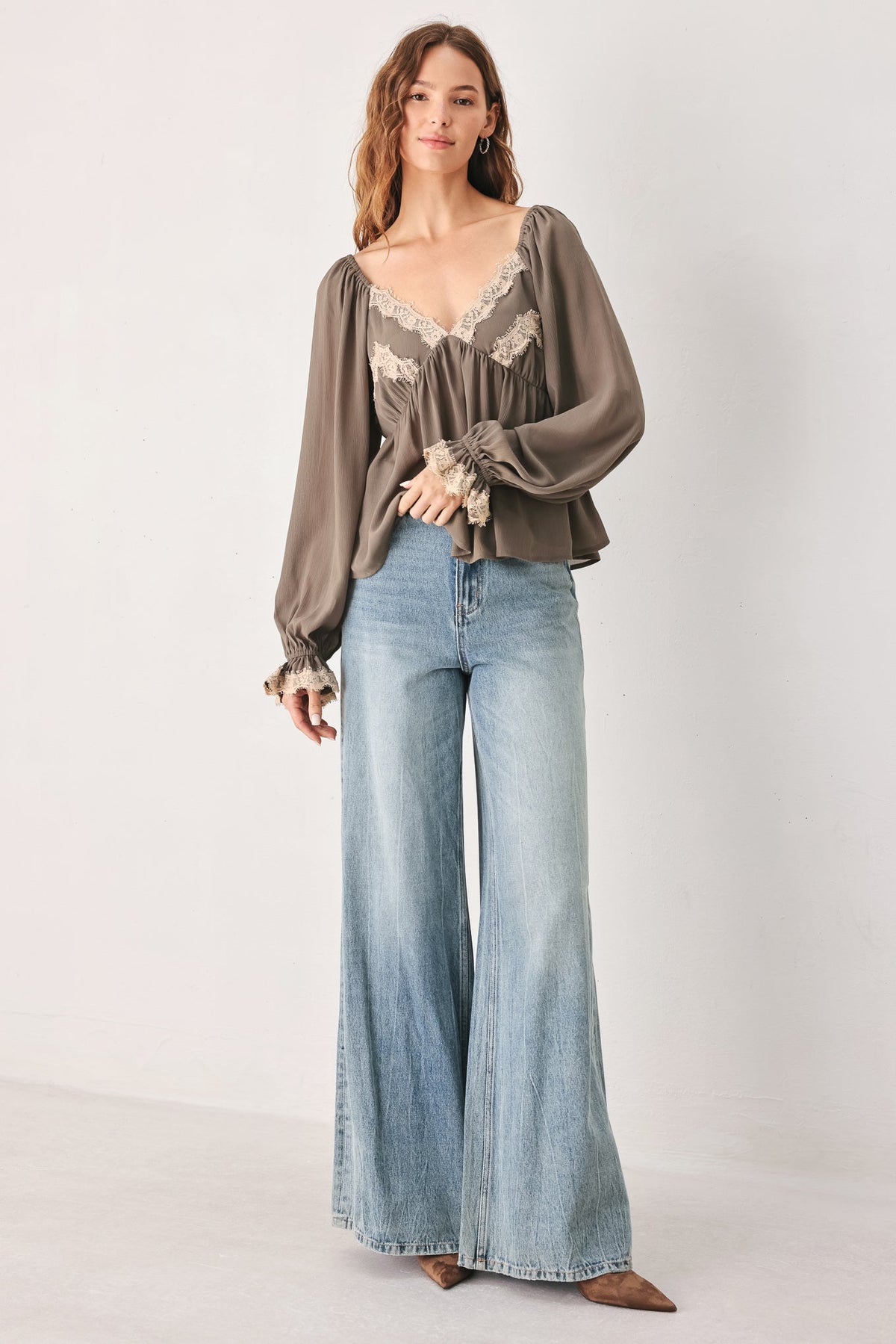 Greige Romantic Lace-Trim Top