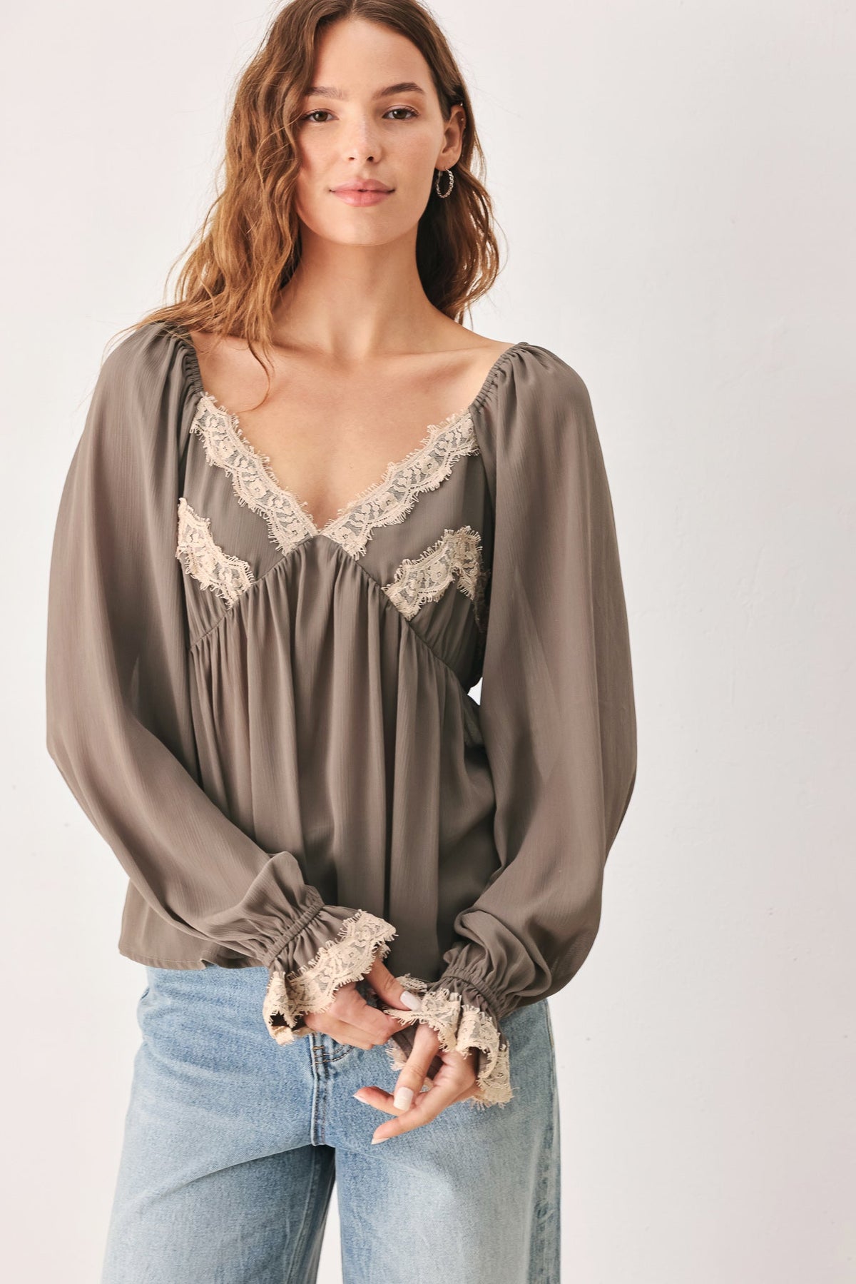Greige Romantic Lace-Trim Top