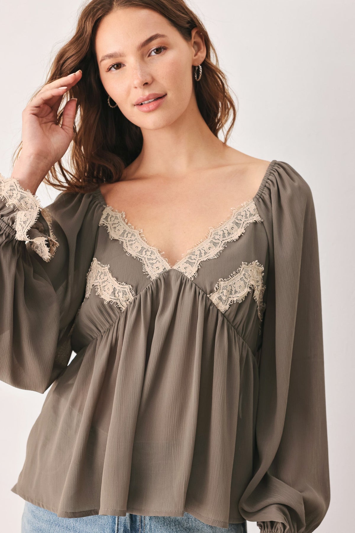 Greige Romantic Lace-Trim Top