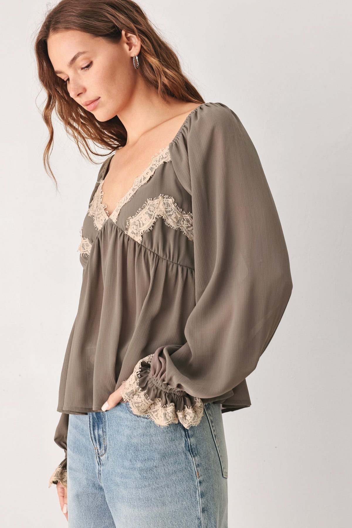 Greige Romantic Lace-Trim Top