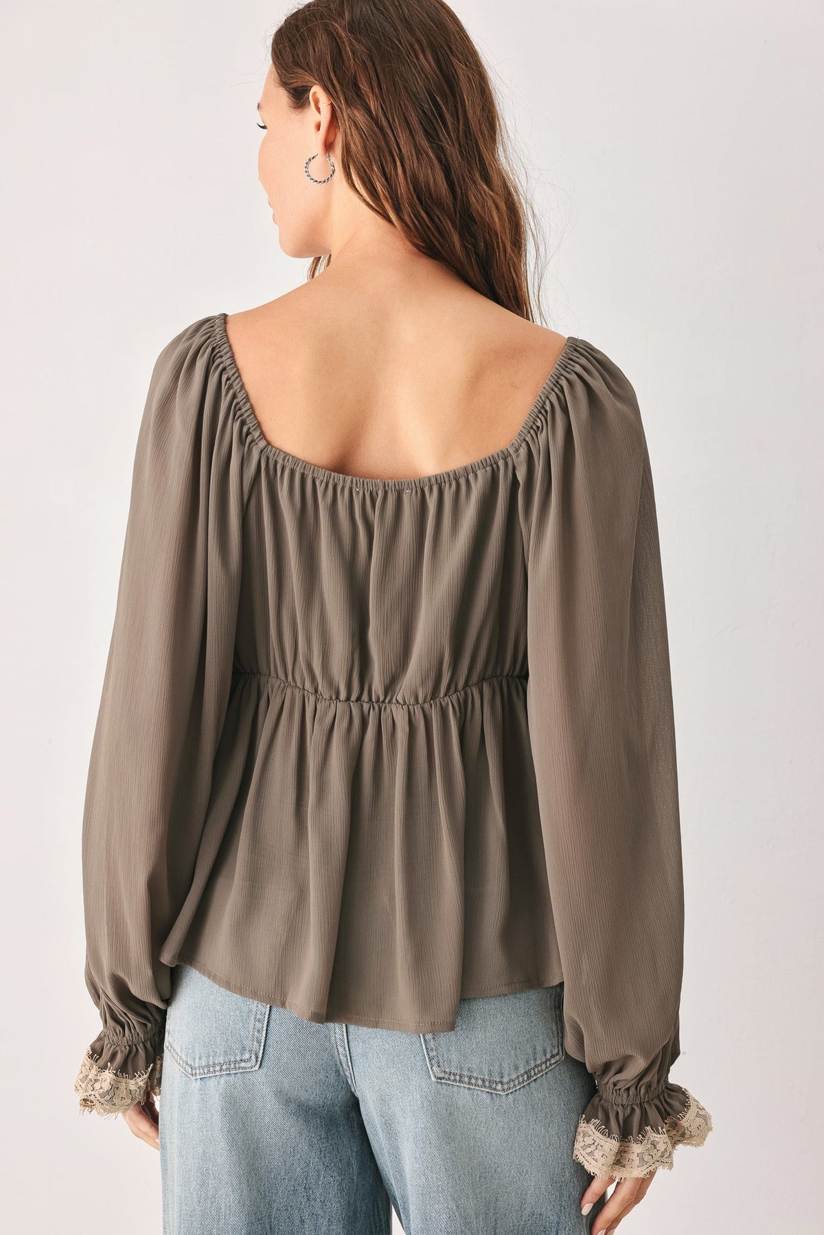 Greige Romantic Lace-Trim Top