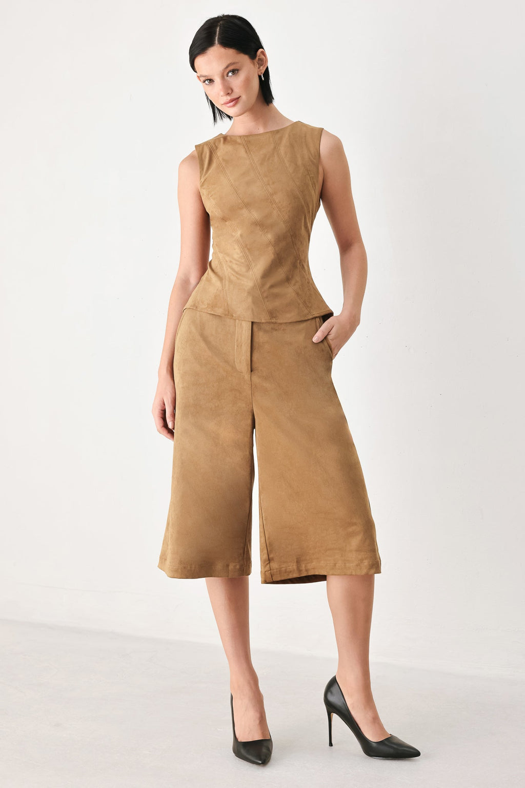 Desert Mod Camel Faux Suede Sleeveless Top