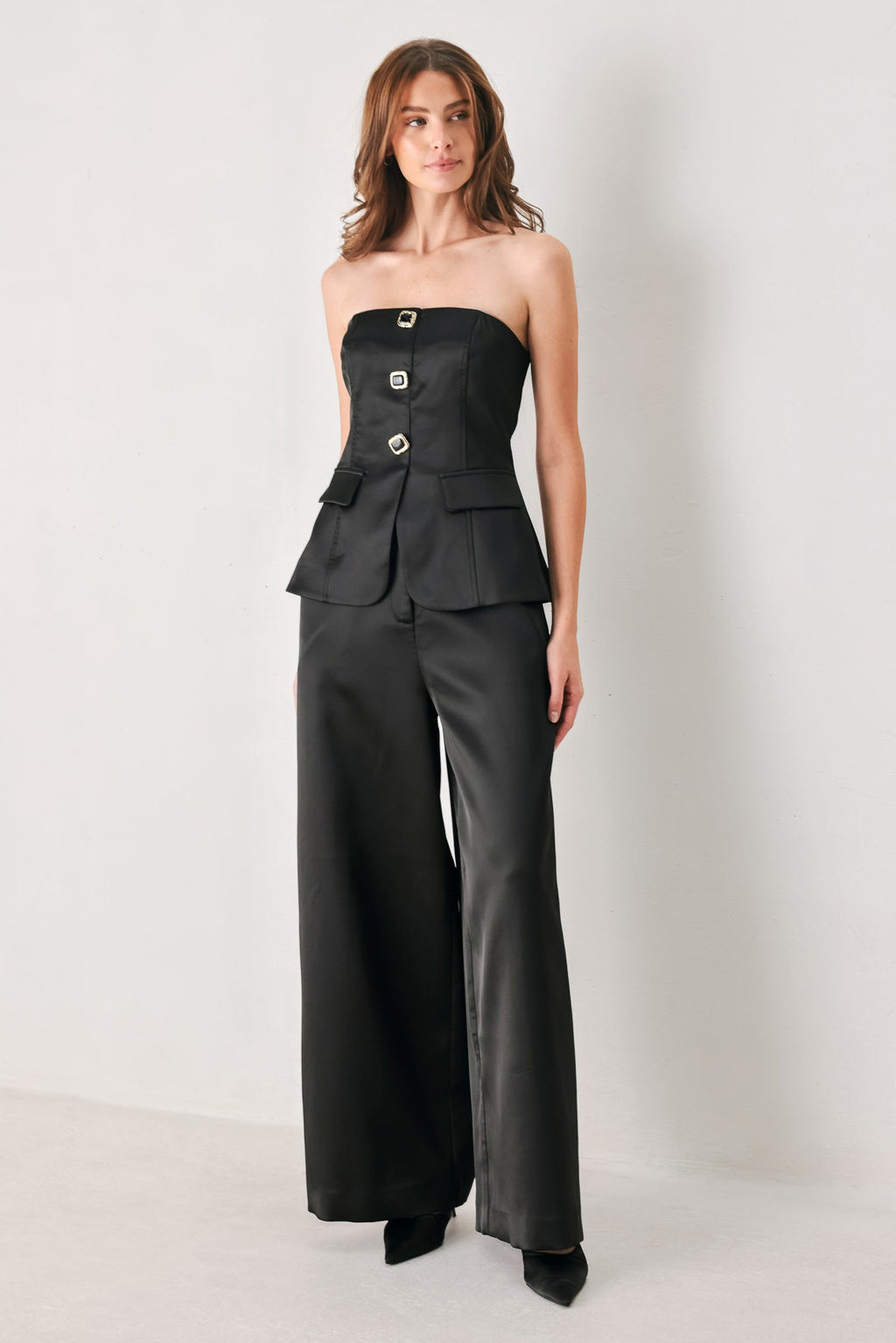 Modern Noir Strapless Button Top