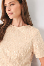 Champagne Whisper Sequin Eyelash Mesh Cropped Top