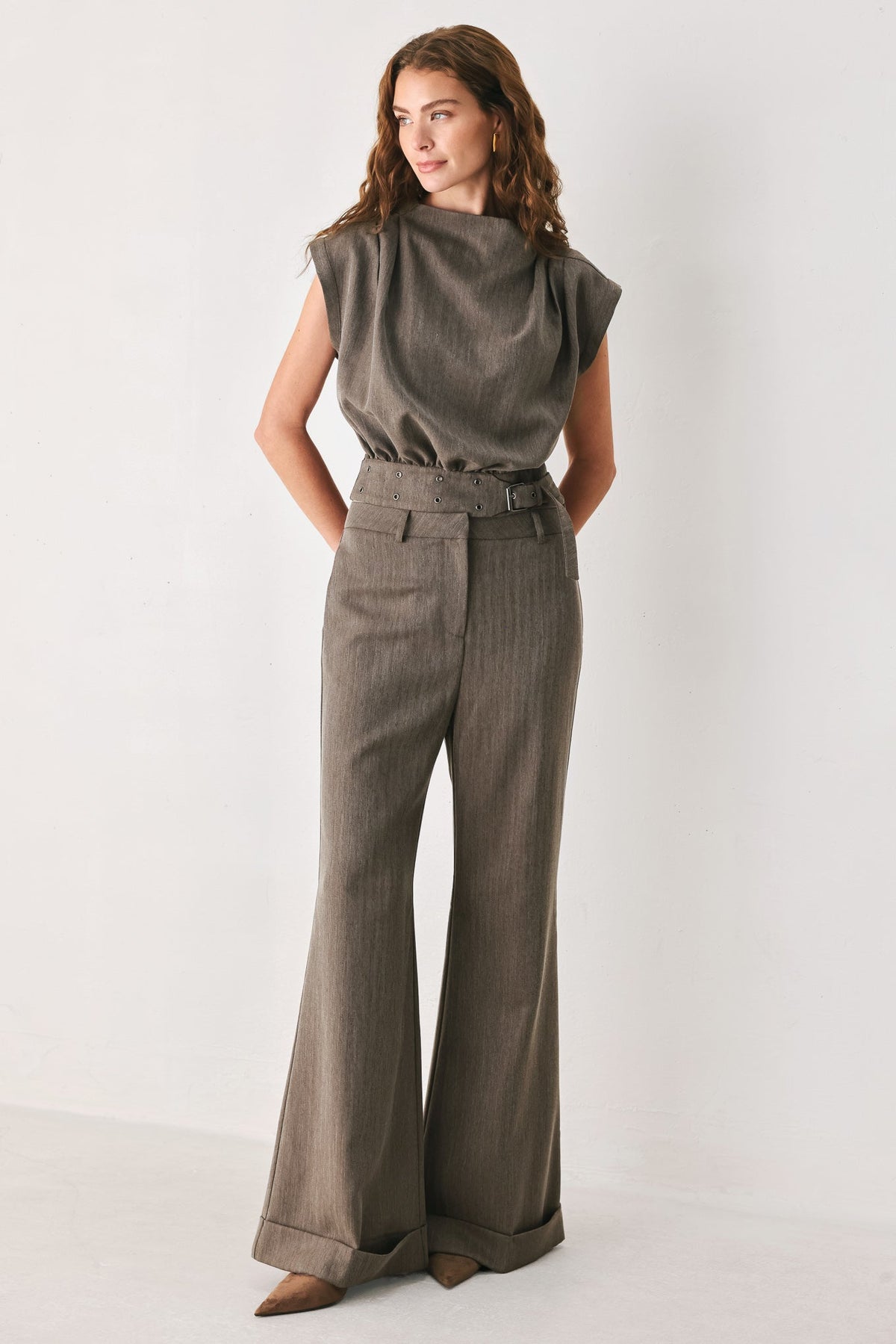 Tailored Tempo Brown Funnel-Neck Belted Top