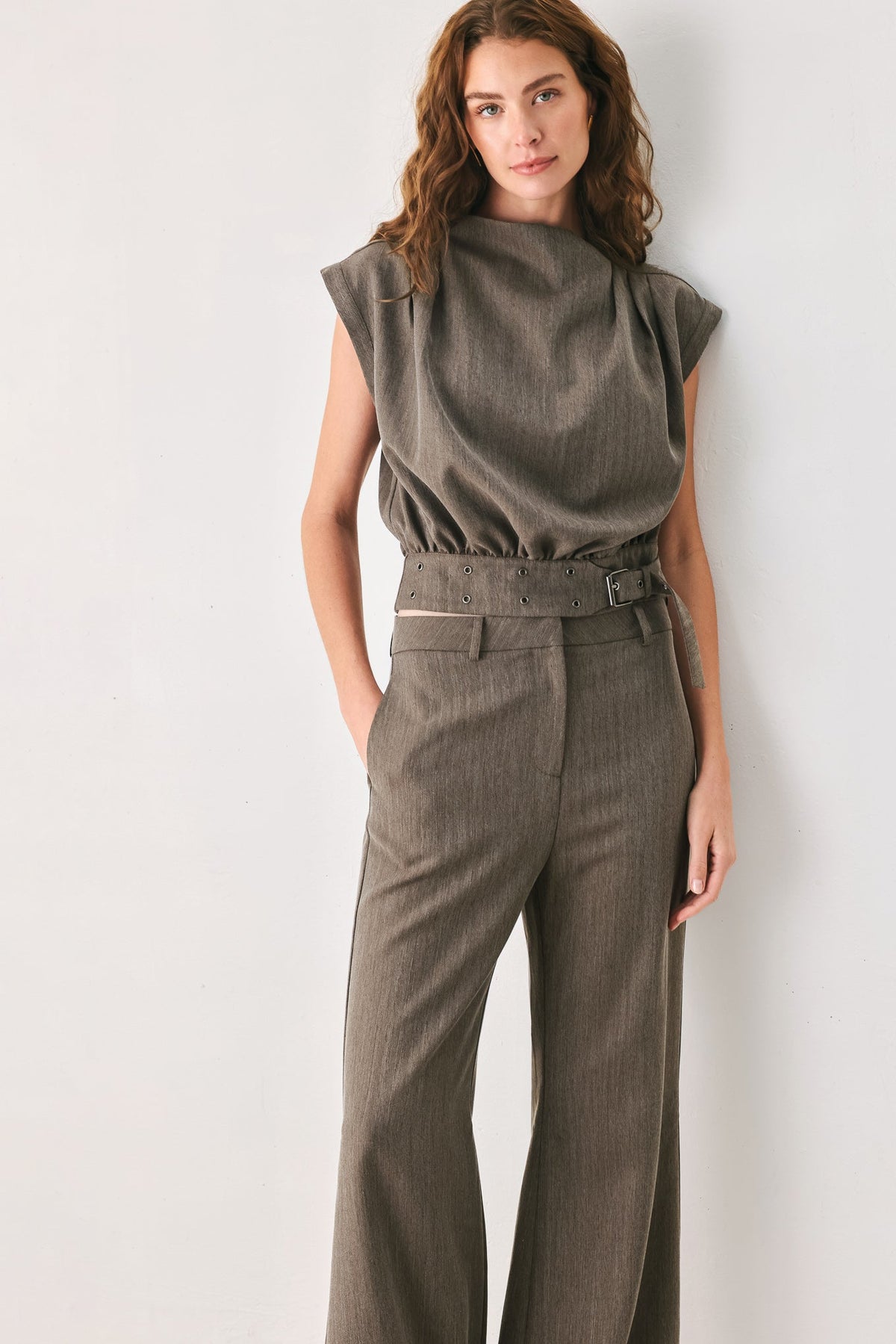 Tailored Tempo Brown Funnel-Neck Belted Top