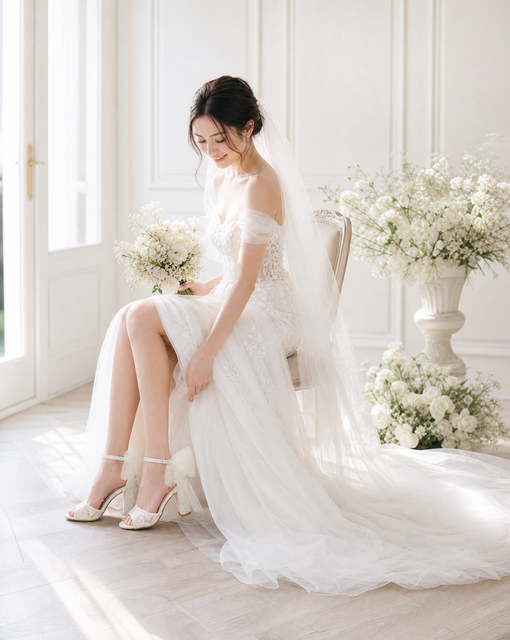 Crochet Lace Block Heel Sandals with Tulle Back Bow