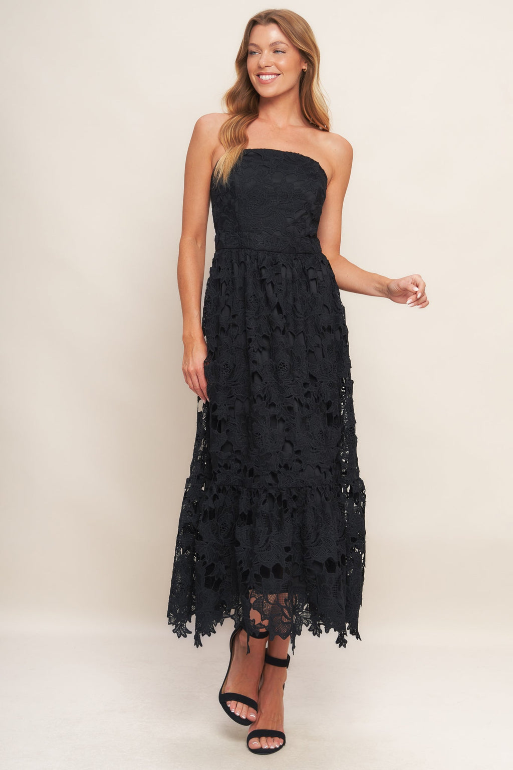 CAREFREE NIGHTS BLACK LACE MIDI DRESS