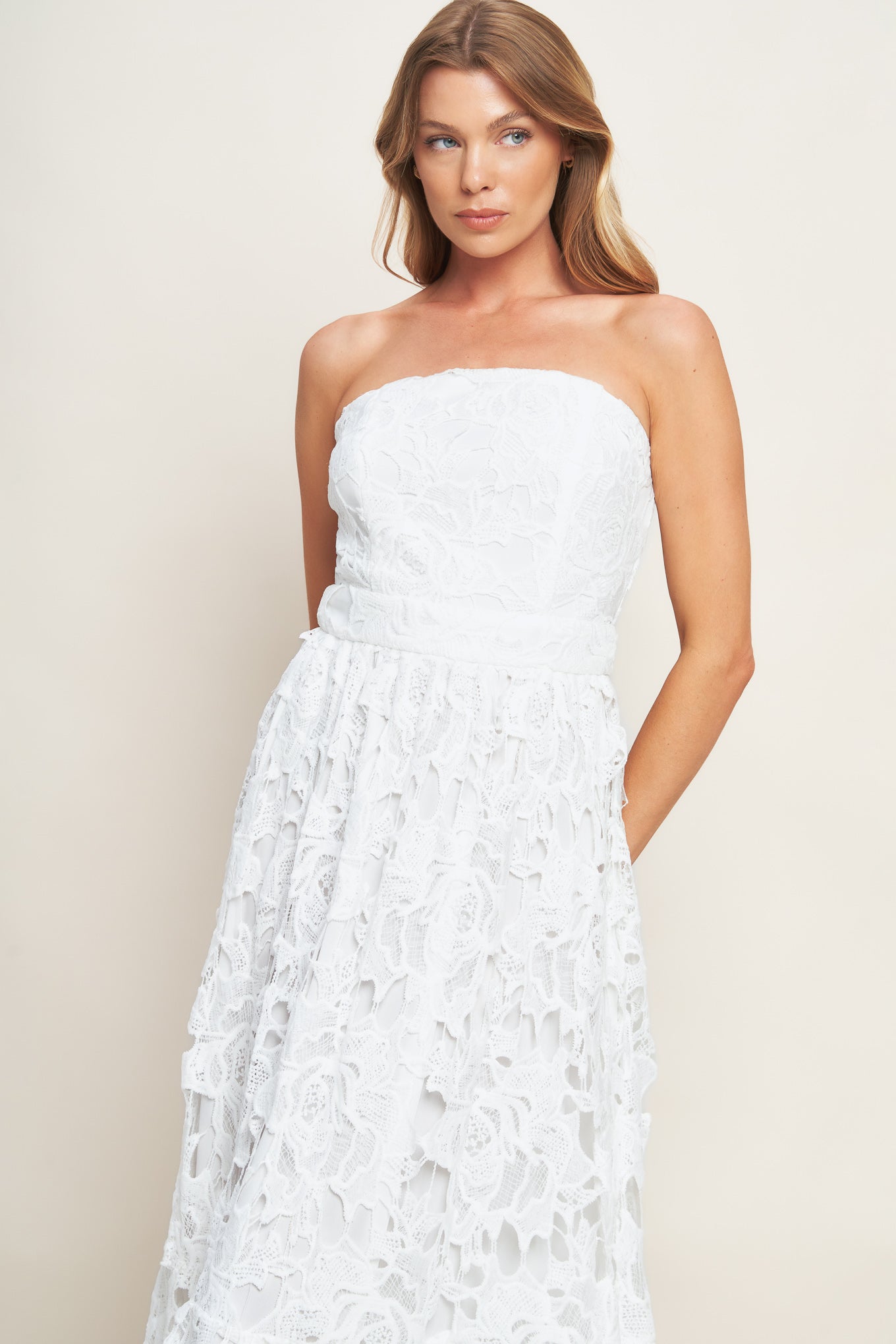 CAREFREE NIGHTS LACE OFF WHITE MIDI DRESS