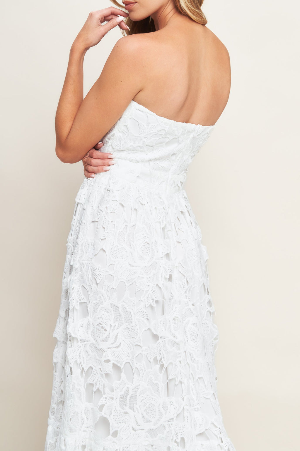 CAREFREE NIGHTS LACE OFF WHITE MIDI DRESS