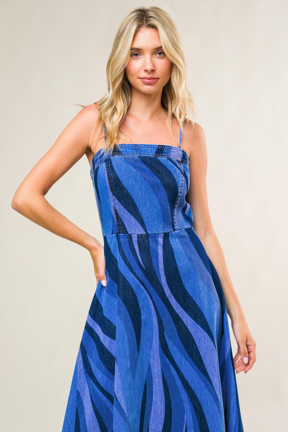 PATRIOTIC PRINCESS DENIM MIDI DRESS, BLUE / L
