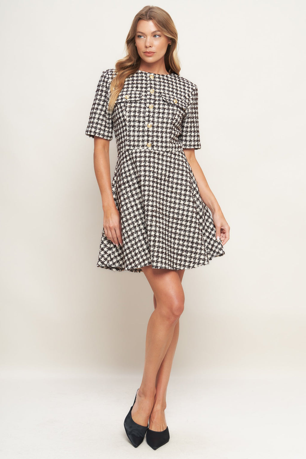 ELEGANT CHECK TWEED MINI DRESS