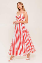 Dream Petals Red Stripe Woven Ankle Dress