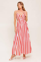 Dream Petals Red Stripe Woven Ankle Dress