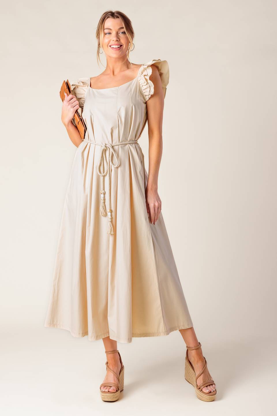 CHAMPAGNE TOAST TAUPE WOVEN MIDI DRESS