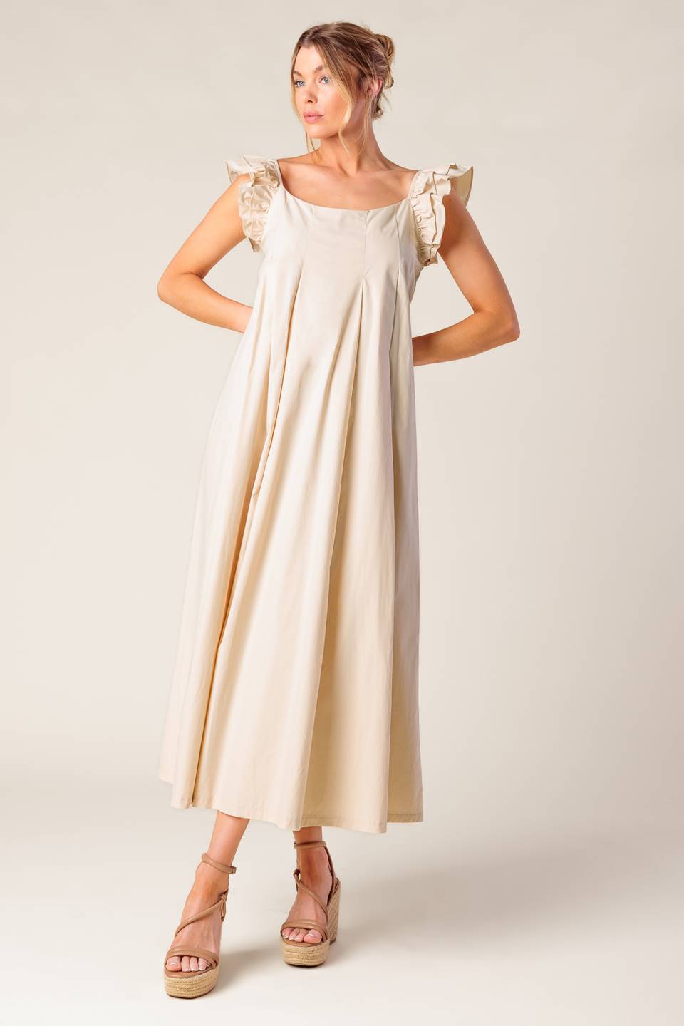 CHAMPAGNE TOAST TAUPE WOVEN MIDI DRESS