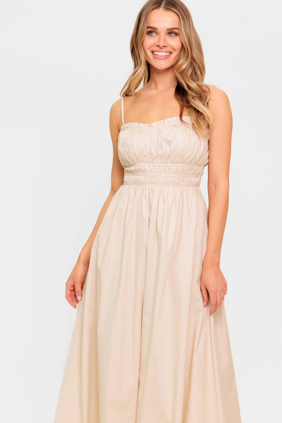 HONEY SUNSET CREAM WOVEN MIDI DRESS