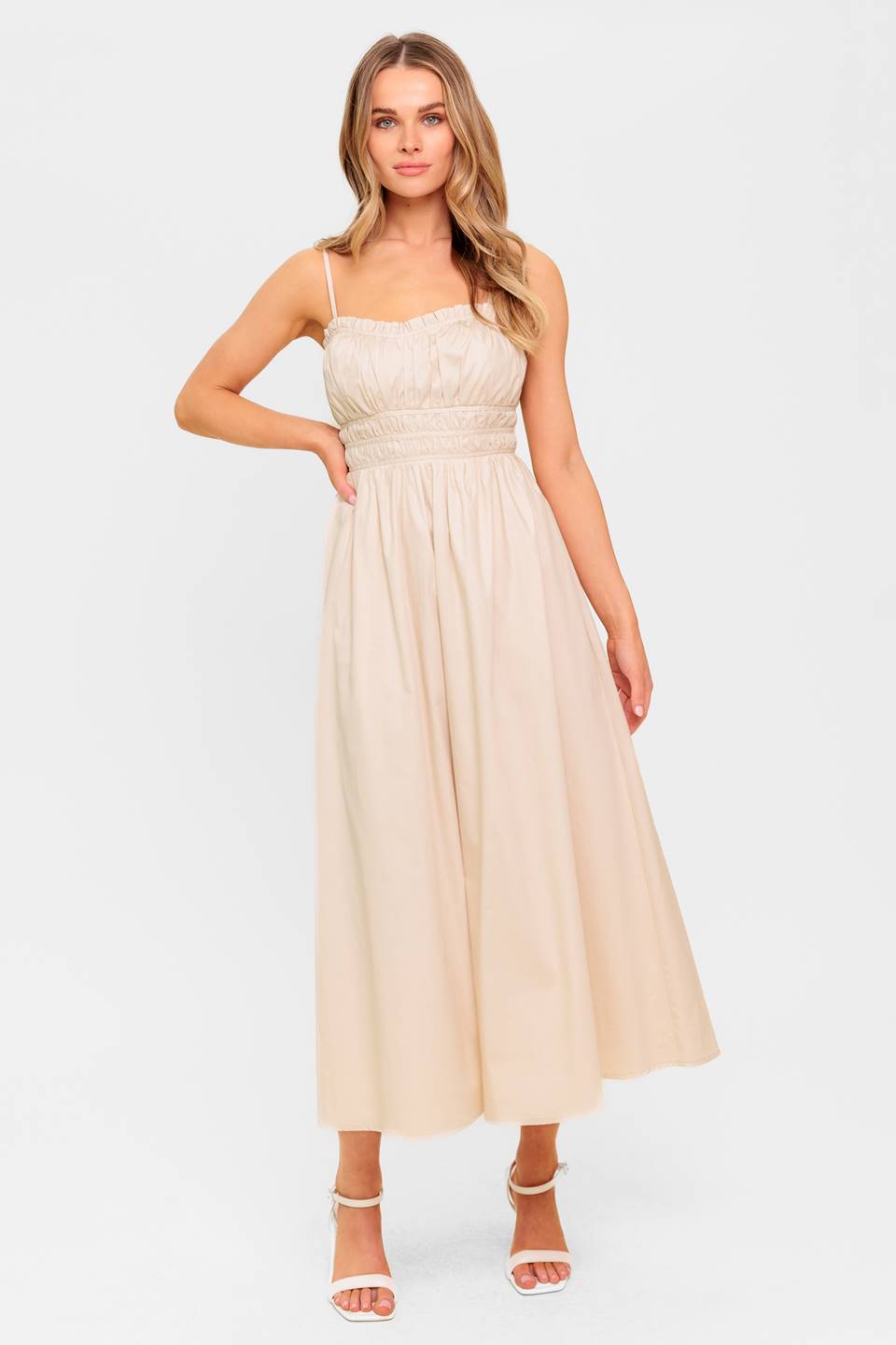 HONEY SUNSET CREAM WOVEN MIDI DRESS