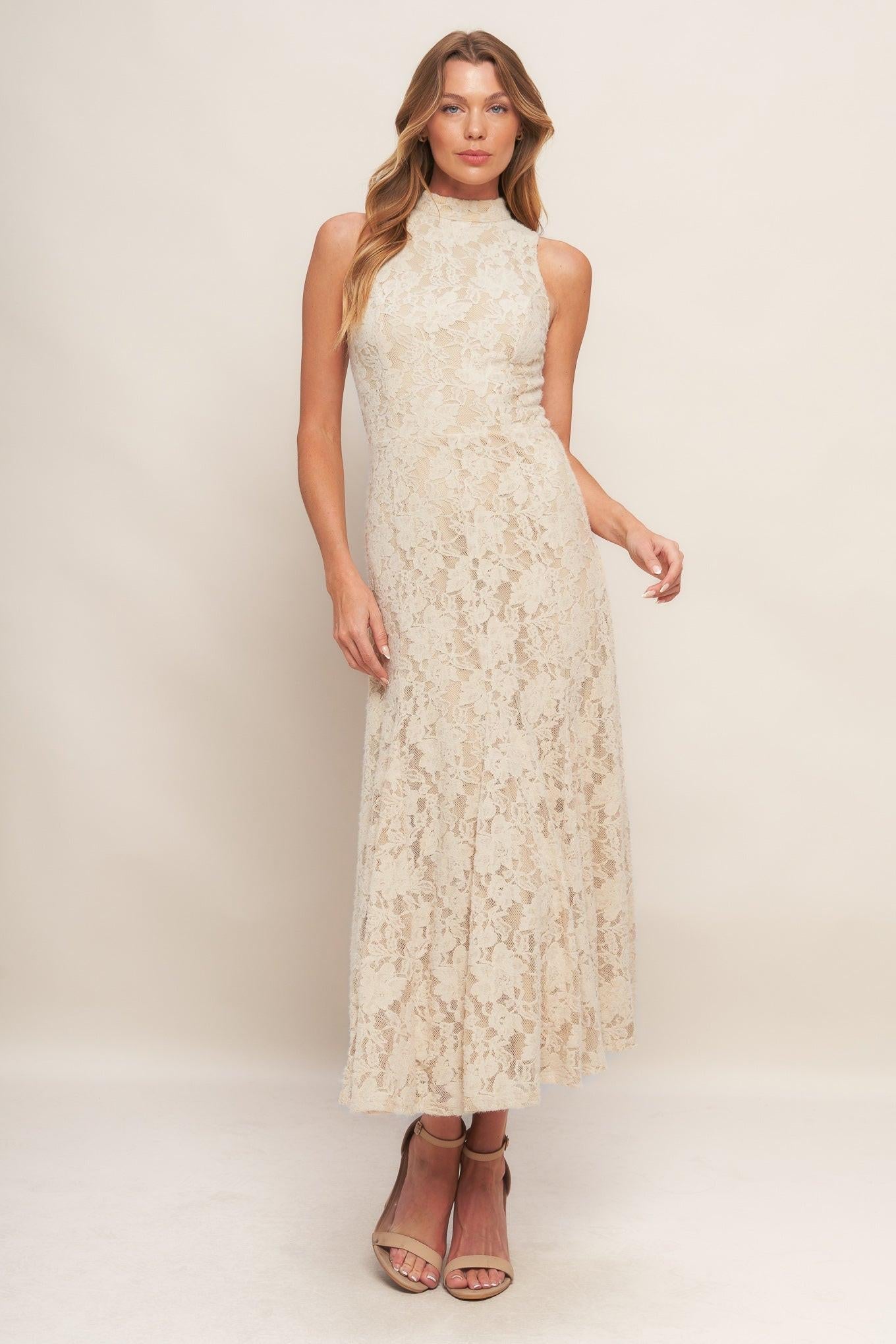 Elegant Floral Stretch Lace Midi Dress