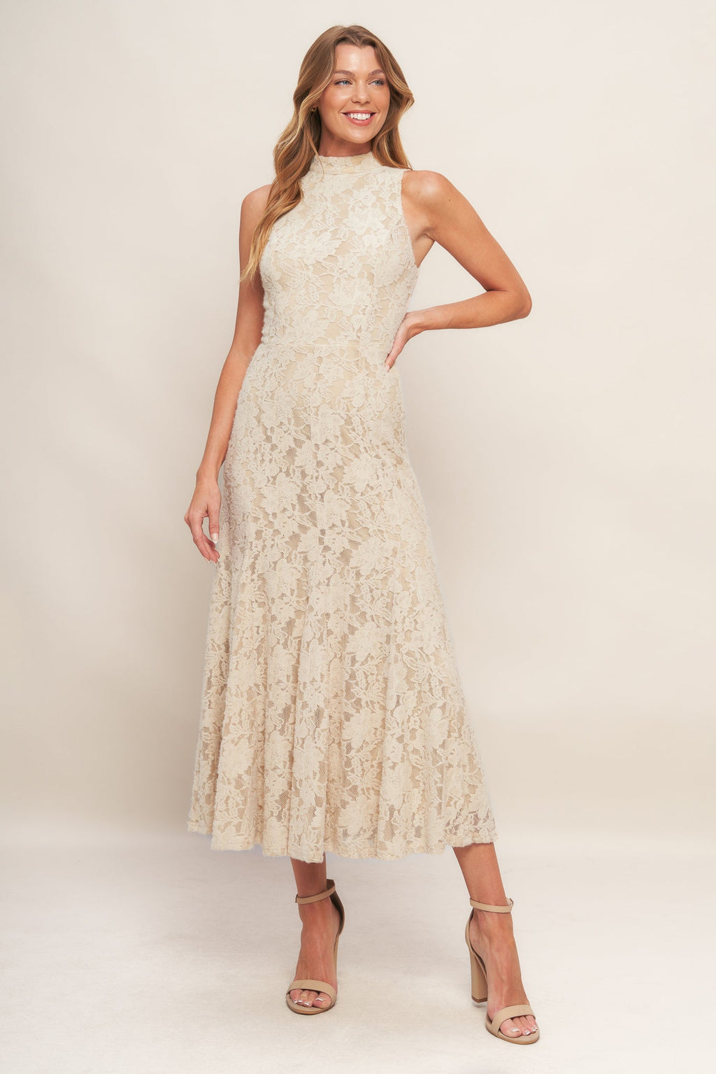 beige lace midi dress Women's Lace Midi Dress | French Beige
