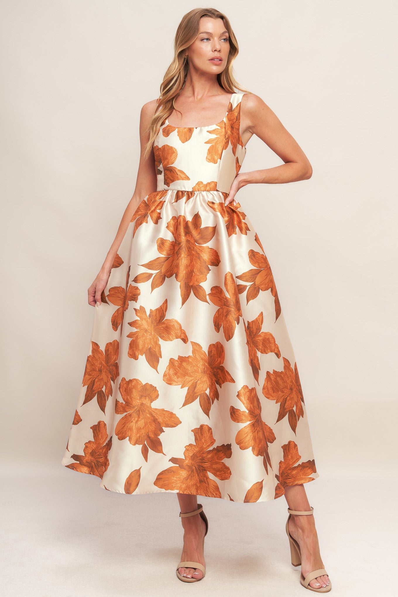 AUTUMNAL FLORAL WOVEN MIDI DRESS