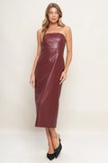 A burgundy faux leather midi dress featuring wide neckline, sleeveless, pencil skirt, back slit and back zipper closure