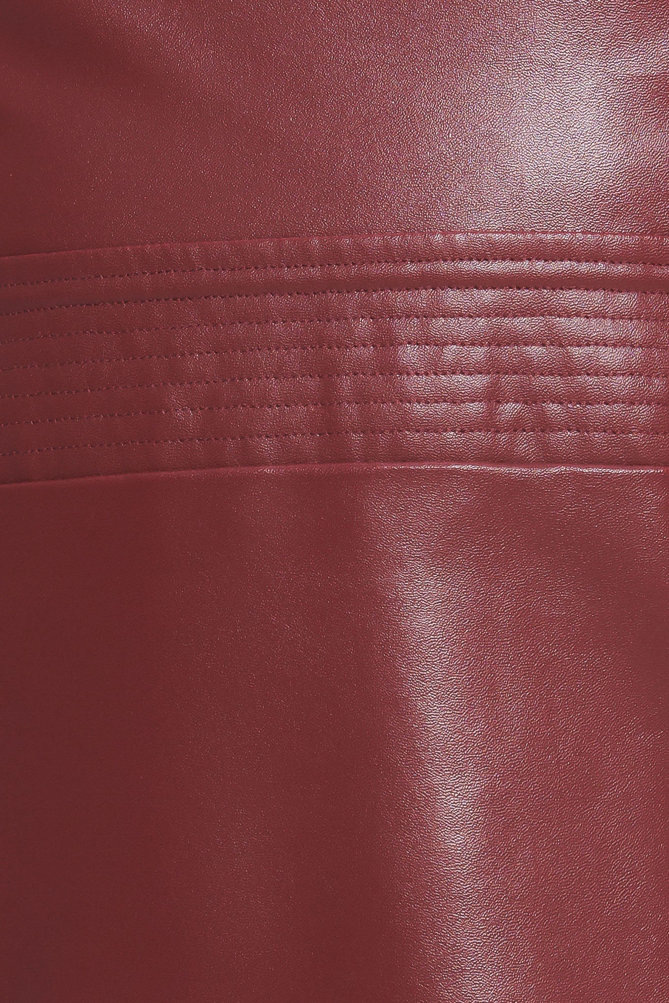 A burgundy faux leather midi dress featuring wide neckline, sleeveless, pencil skirt, back slit and back zipper closure