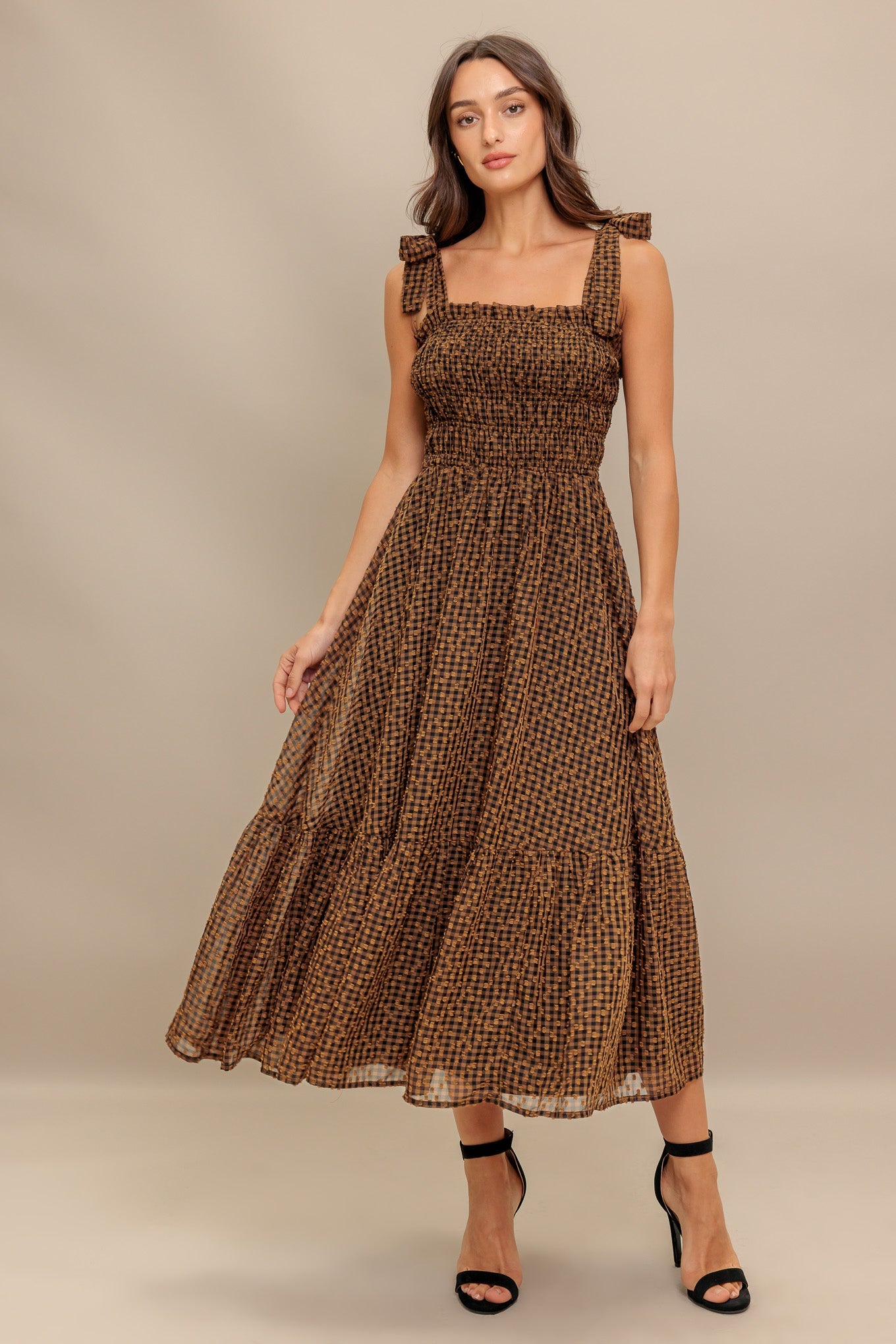 CHECKED DAYDREAM WOVEN MIDI DRESS