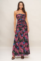 NIGHT FLORIST POWER MESH MAXI DRESS