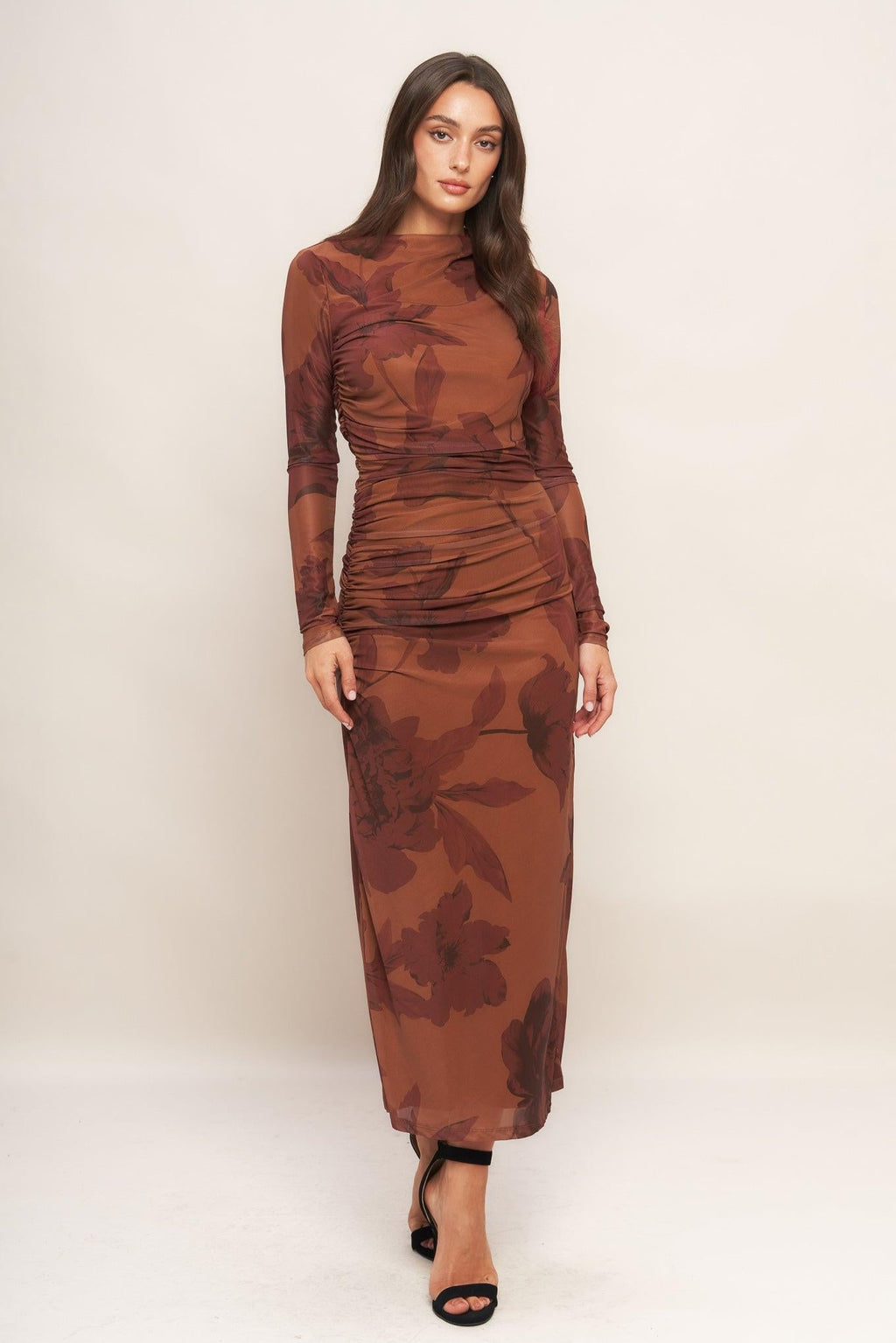 Amber Flora Power Mesh Midi Dress