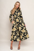 MIDNIGHT BLOOM BLACK WOVEN MIDI DRESS