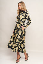MIDNIGHT BLOOM BLACK WOVEN MIDI DRESS