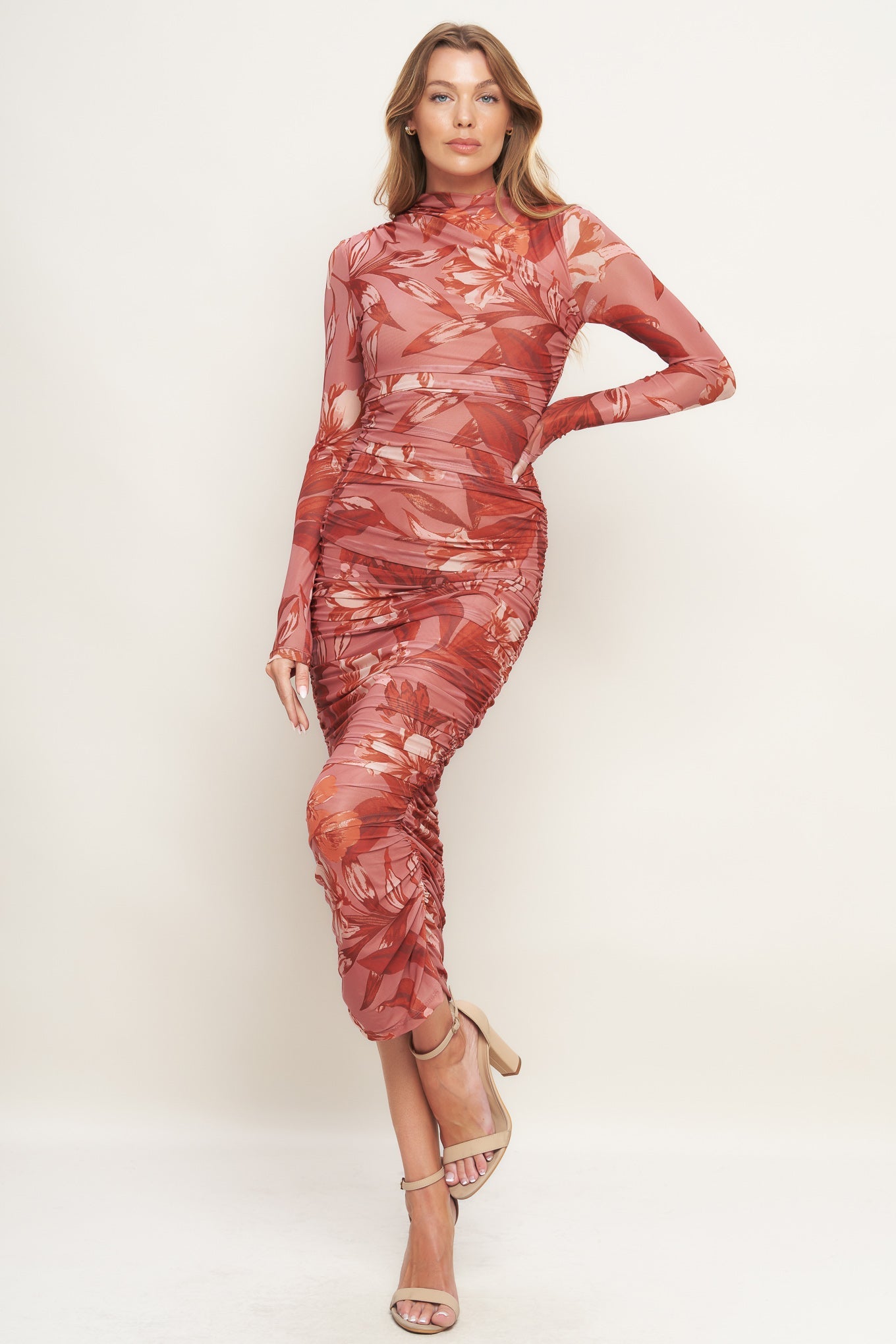 Red patterned MESH MIDI DRESS