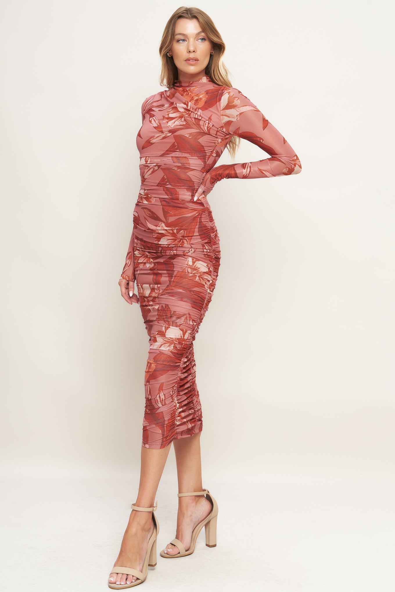 Red patterned MESH MIDI DRESS