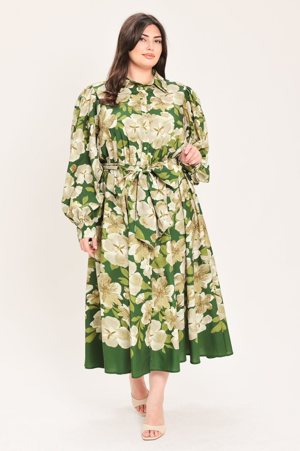 Evergreen Camellia Dream Midi Shirt Dress