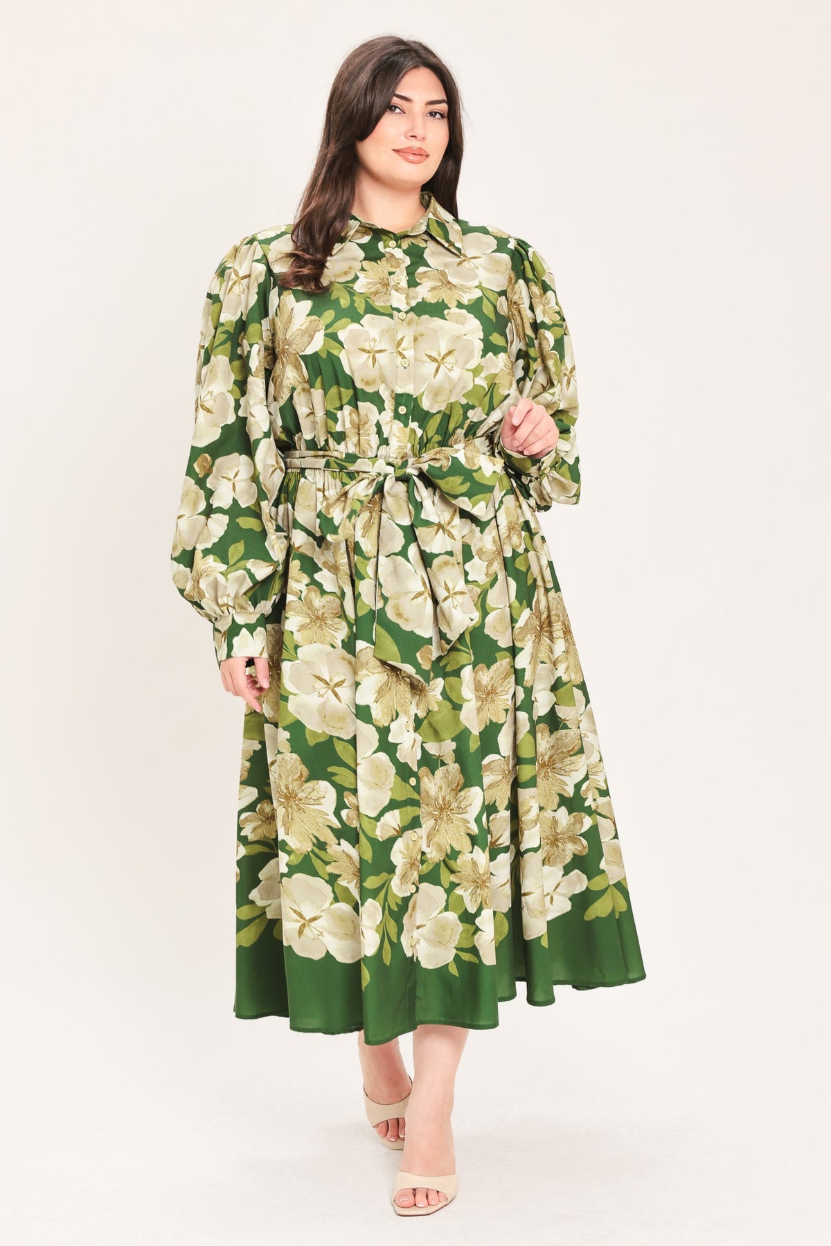 Evergreen Camellia Dream Midi Shirt Dress