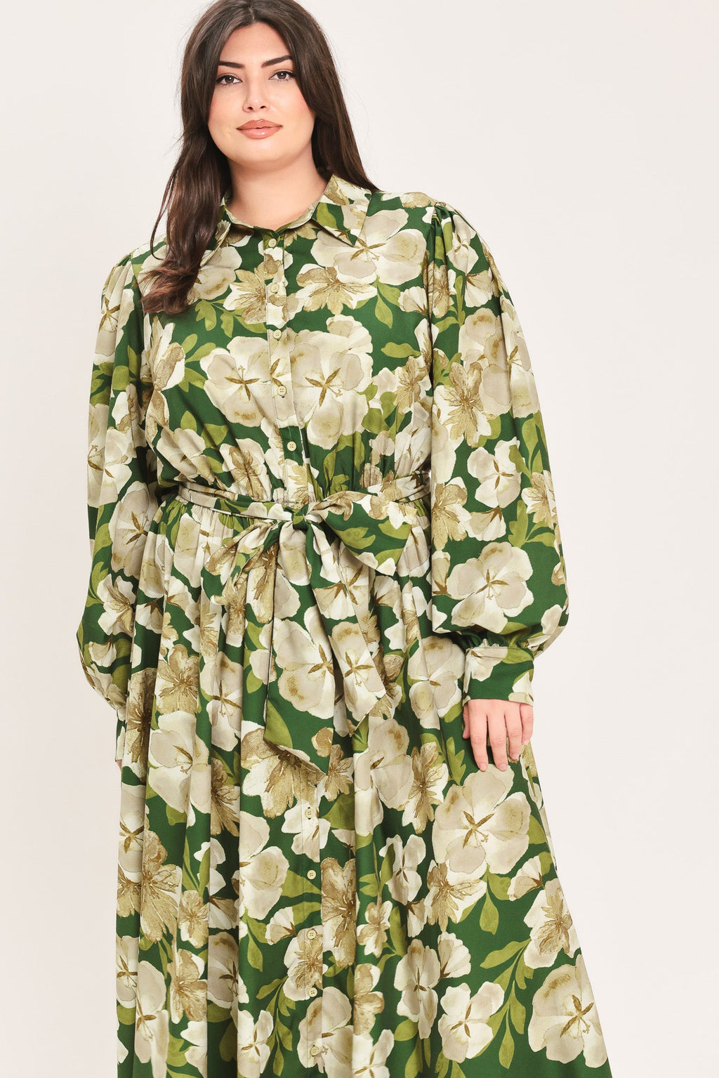 Evergreen Camellia Dream Midi Shirt Dress