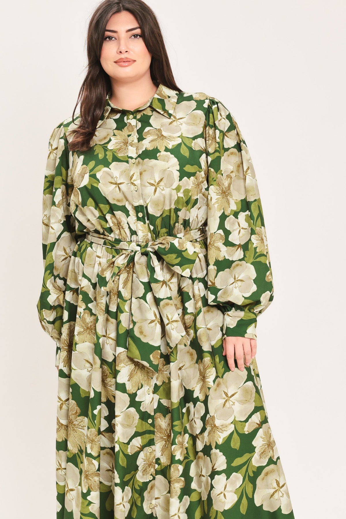 Evergreen Camellia Dream Midi Shirt Dress